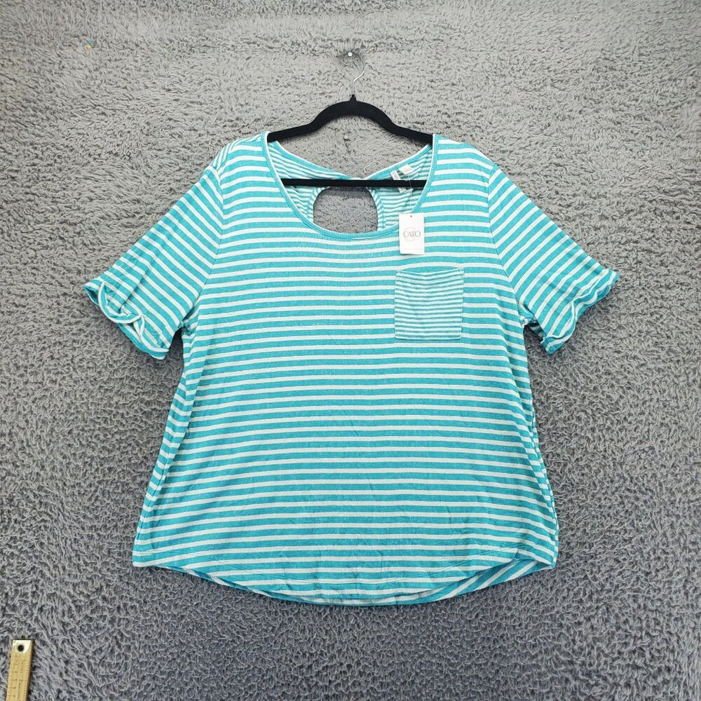 Cato Top Womens XL Blue Striped Front Pocket Keyhole Back Short Sleeve *NWT*